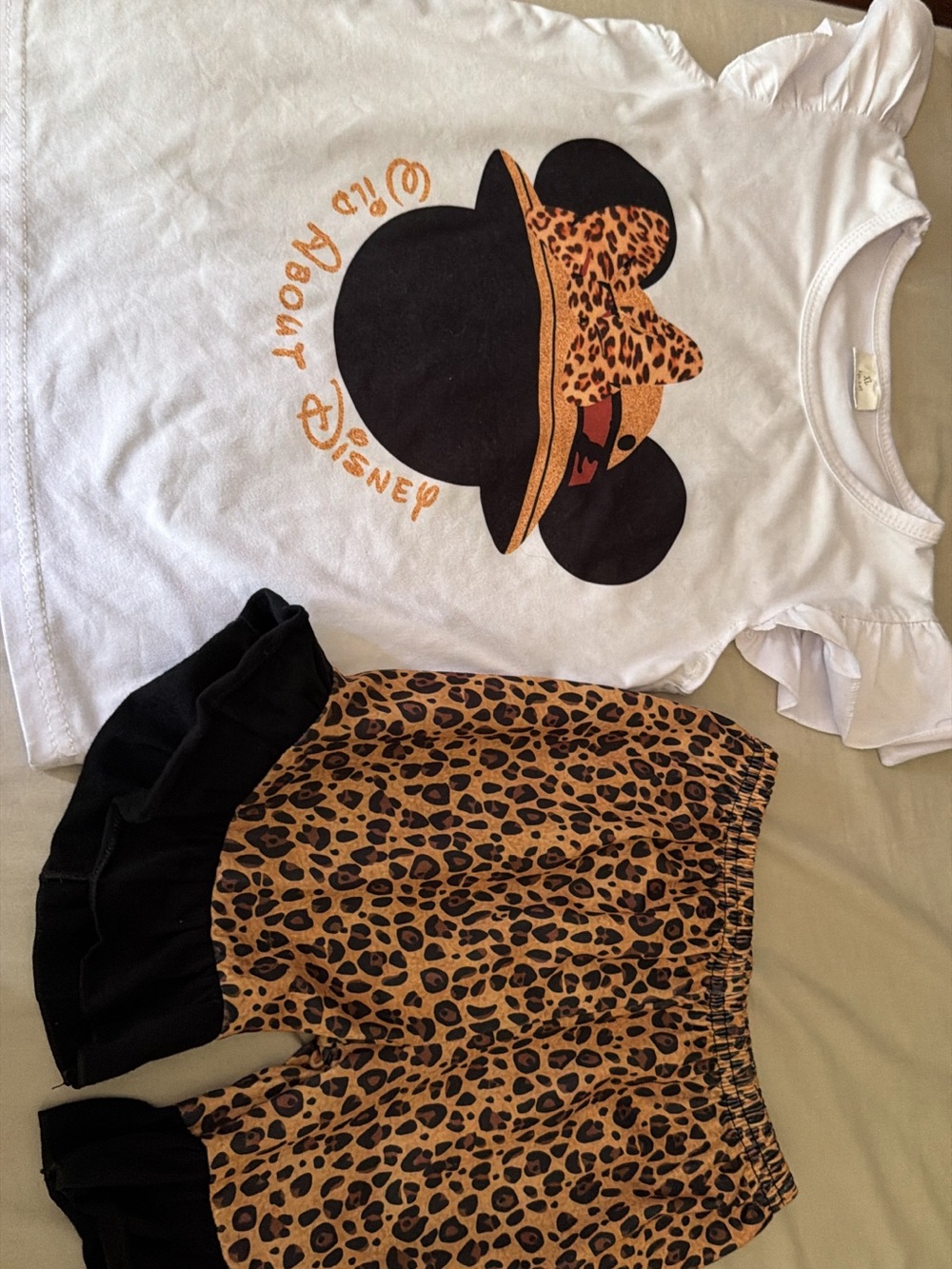 Disney White Tee with Leopard-Trim Minnie Graphic and Leopard Shorts